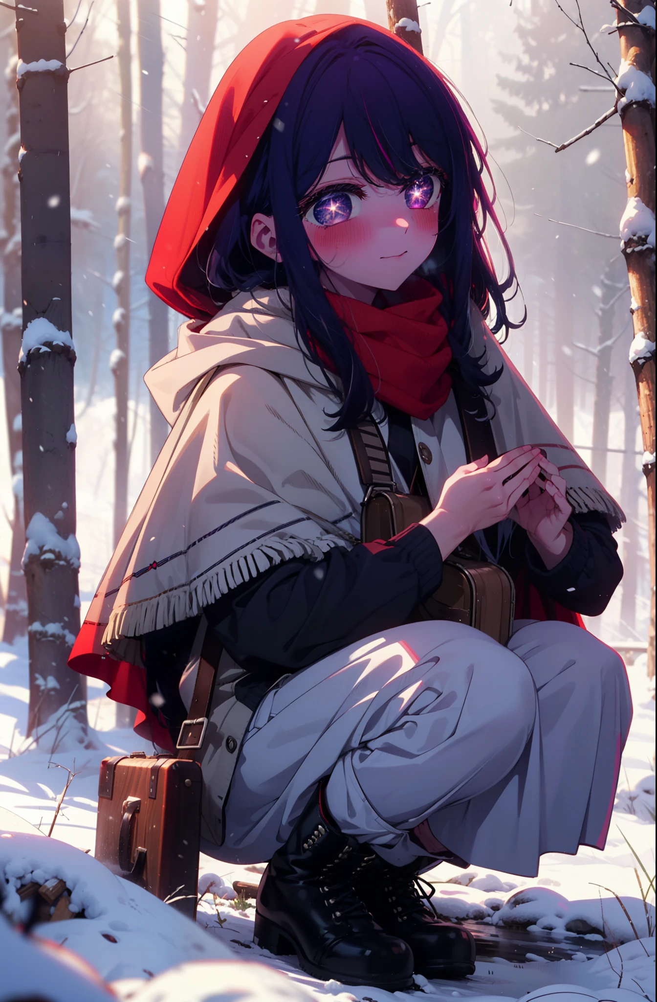 aihoshino, Ai Hoshino, Long Hair, bangs, (Purple eyes:1.1), Purple Hair, (Symbol-shaped pupil:1.5), smile,,smile,blush,white breath,
Open your mouth,snow,Ground bonfire, Outdoor, boots, snowing, From the side, wood, suitcase, Cape, Blurred, , forest, White handbag, nature, Squat, Mouth closed, Cape, winter, Written boundary depth, Black shoes, red Cape break looking at viewer, Upper Body, whole body, break Outdoor, forest, nature, break (masterpiece:1.2), Highest quality, High resolution, unity 8k wallpaper, (shape:0.8), (Beautiful and beautiful eyes:1.6), Highly detailed face, Perfect lighting, Highly detailed CG, (Perfect hands, Perfect Anatomy),