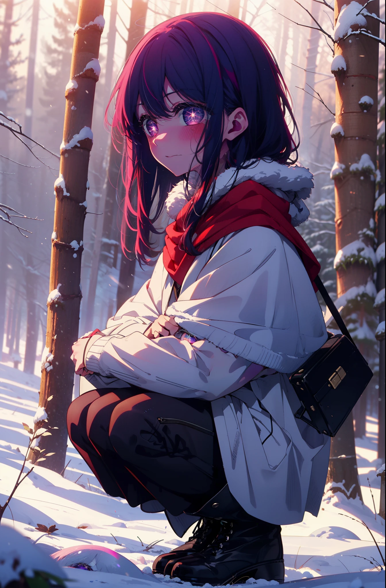 aihoshino, Ai Hoshino, Long Hair, bangs, (Purple eyes:1.1), Purple Hair, (Symbol-shaped pupil:1.5), smile,,smile,blush,white breath,
Open your mouth,snow,Ground bonfire, Outdoor, boots, snowing, From the side, wood, suitcase, Cape, Blurred, , forest, White handbag, nature, Squat, Mouth closed, Cape, winter, Written boundary depth, Black shoes, red Cape break looking at viewer, Upper Body, whole body, break Outdoor, forest, nature, break (masterpiece:1.2), Highest quality, High resolution, unity 8k wallpaper, (shape:0.8), (Beautiful and beautiful eyes:1.6), Highly detailed face, Perfect lighting, Highly detailed CG, (Perfect hands, Perfect Anatomy),