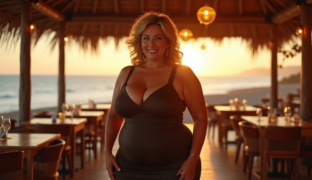 woman in a short skirt is in a restaurant on the beach, attractive woman, tight dress, curvaceous, hot chubby, voluminous body, cleavage, big breasts, approximately 60 years old, older mature woman, front image, looking for camera, posing, ass big, sex with beautiful woman, stunning, sex with natural mature woman, medium size plus size,