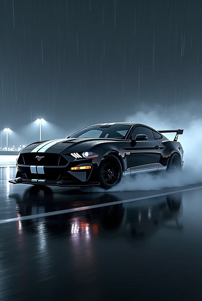 As a black Mustang GT with white stripes that looks like it&#39;s going at high speed leaving a trail in its wake that can be seen from the side, with elegance Let the atmosphere be a rainy night 