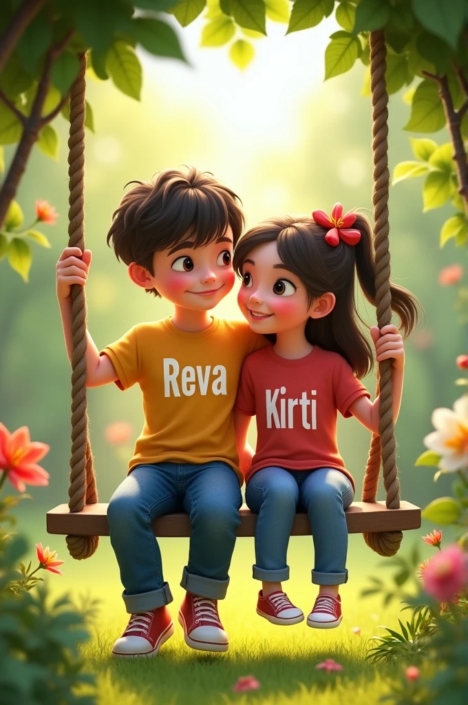 Make a boy and a girl wearing a t-shirt and jeans and REVA is written on the boy's t-shirt and KIRTI is written on the girl's t-shirt and both are sitting on a swing in the garden