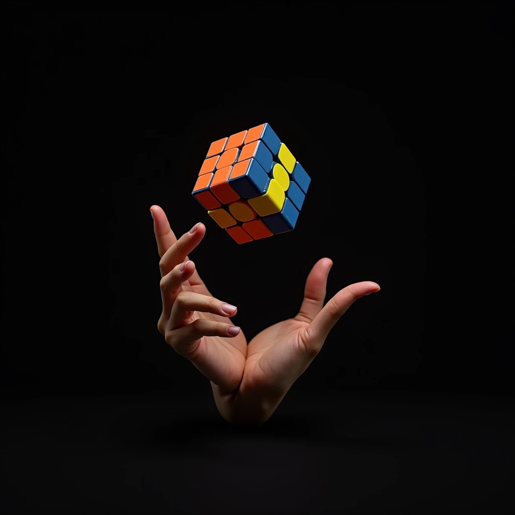 A beautiful hands playing puzzle cube in air with black background 