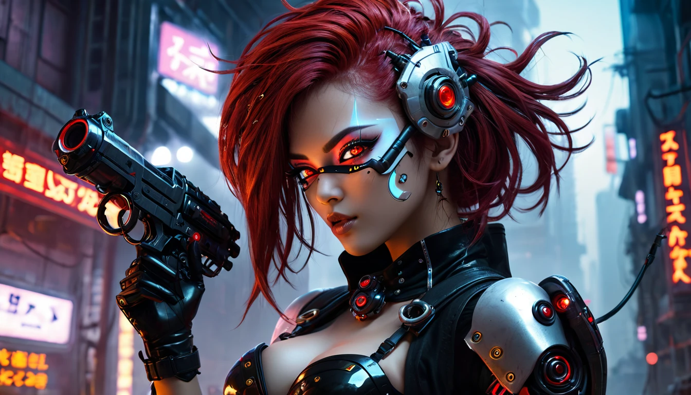 8k, Highest quality,Dark Fantasy,science fiction,cyberpunk,super fine concept art,robot joints,cybernetic organism,energy gun, energy weapons,Black and red gear,ndian style,1girl,perfect face,hair over one eye,(beautiful detailed Glass hair,red hair,two-tone hair,flipped hair), gold eyes,(heart-shaped pupils,glowing eyes,eyelashes),Black Leather Gloves,Red corset,黒いplatform shoes,one eye bandage, electric bolts,I laugh,（Electric Lightning ,futuristic city（Future City）,colorful lighting,ride,　A dark world dominated by diesel fuel,
