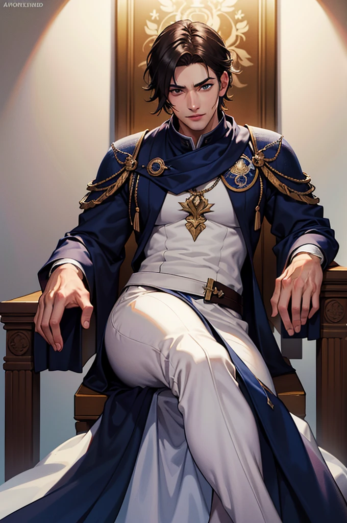 (absurdities, High Resolutions, ultra detailed, HdR), masterpiece, The best quality, final fantasy xvi, clive rosfield, 1man only, handsome, short hair, black hair, vibrant blue eyes, fine eyes and detailed face, armor, ((Intricate weapon)), Sitting on the throne, open legs, affected smile, annoying.