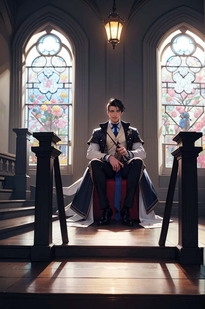 (absurdities, High Resolutions, ultra detailed, HdR), masterpiece, The best quality, final fantasy xvi, clive rosfield, 1man only, handsome, short hair, black hair, vibrant blue eyes, fine eyes and detailed face, armor, ((Intricate weapon)), Sitting on the throne, open legs, affected smile, annoying.