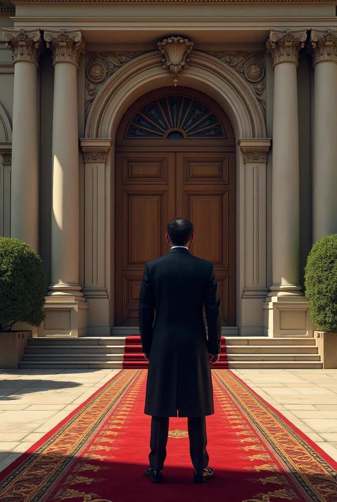 A man in front of a carpet at the main gate of the mansion 