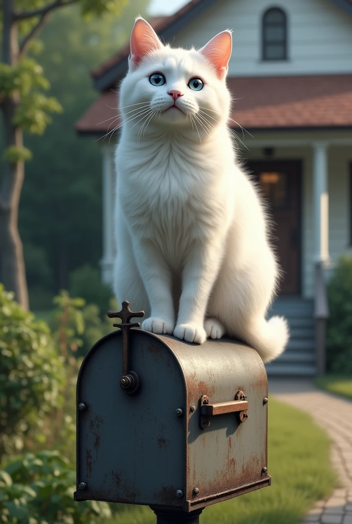 A realistic image of a white-furred cat with striking blue eyes, sitting gracefully on top of a traditional mailbox. The cat's fur is soft and fluffy, with delicate details in the strands reflecting the light. Its blue eyes are vibrant and piercing, giving it an attentive, almost regal look. The mailbox is old-fashioned, made of metal with a slight patina, and stands in front of a quiet suburban house with a well-kept garden. The scene captures the peaceful, yet curious nature of the cat as it balances comfortably atop the mailbox, surveying its surroundings.