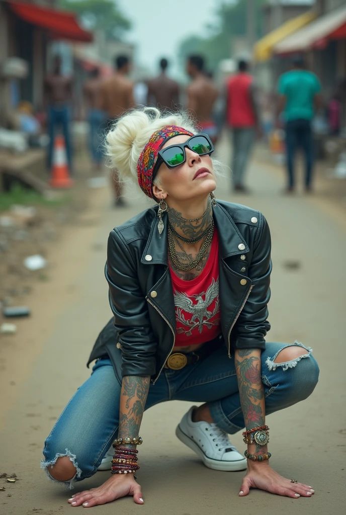 russian old milf woman, , blonde platinum hair (beehive bun) and wide colourful bandana as headband). Wearing oversized square maxi sunglasses. Square jaw, with very light green eyes, extremely pale. No tan. Wearing aged cropped black moto jacket (zippers on the side). Cropped short dark red push up t-shirt, faded push up t-shirt with a spread wings eagle holding a laurel wreath logo and gothic lettering,, dark skinny low rise blue jeans with holes on knees (white cotton visible). White tennis sneakers and bead bracelets around ankles. Lots of thick wide studded bracelets, chain collars and big rings. Tacky wide studded leather belt with swastika oval buckle. Long earrings with chains and feathers. Squatting, chin up looking at the sky, stretching her neck.. Hands on knees, spread legs, Toned abdominals, thin neck, slim legs and thin arms. Narrow hips. Heavily tattooed in colour on chest, hands, neck and arms. Garbage and waste on the ground. Crowded dirt street of Nairobi with shirtless men crowding behind her