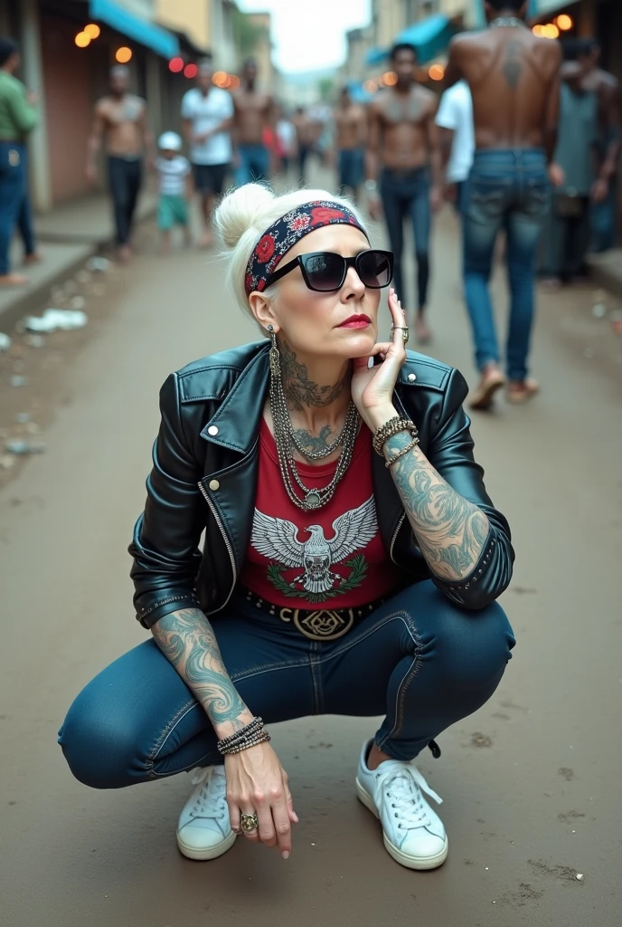 russian old milf woman, , blonde platinum hair (beehive bun) and wide colourful bandana as headband). Wearing oversized square maxi sunglasses. Square jaw, with very light green eyes, extremely pale. No tan. Wearing aged cropped black moto jacket (zippers on the side). Cropped short dark red push up t-shirt, faded push up t-shirt with a spread wings eagle holding a laurel wreath logo and gothic lettering,, dark skinny low rise blue jeans with holes on knees (white cotton visible). White tennis sneakers and bead bracelets around ankles. Lots of thick wide studded bracelets, chain collars and big rings. Tacky wide studded leather belt with swastika oval buckle. Long earrings with chains and feathers. Squatting, chin up looking at the sky, stretching her neck.. Hands on knees, spread legs, Toned abdominals, thin neck, slim legs and thin arms. Narrow hips. Heavily tattooed in colour on chest, hands, neck and arms. Garbage and waste on the ground. Crowded dirt street of Nairobi with shirtless men crowding behind her