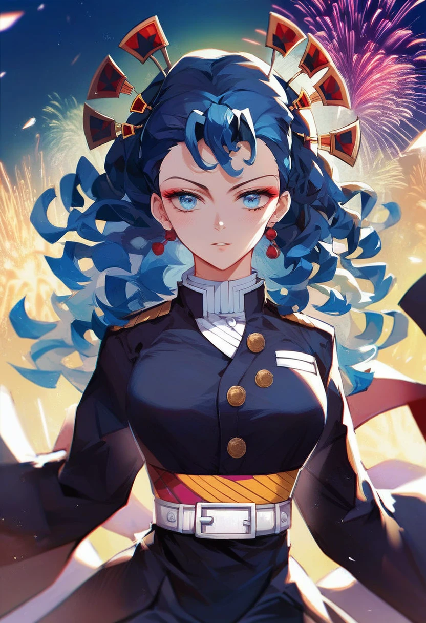 Kimetsu no Yaiba style, 1girl, Medium curly hair, Sloppy hair, navy blue hair, Two curly strands in front, bangs, Blue eyes, Demon Slayer Uniform, japanese clothes, Open black coat ((black)), ((hem at the waist)), solo, ((portraite of a)), ((Masterpiece)), (((hiquality))), Sitting at a Japanese temple, looks at the fireworks, (((hentai, sex from behind pov)))