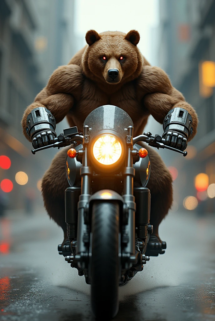 a brown bear with two mecha metal arms, rising head, muscular body, riding a big motorbike with high speed, superhero vibe, one metal robot red eye and one yellow eye, glowing eyes, industrial city background, blur Background, bokeh, dramatic lighting, high contrast 