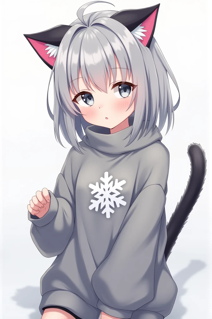 Anime style, masterpiece, greatest anatomy, detailed anatomy, a pretty girl, 1girl, catgirl, bob style hair, gray color hair, gray eyes, Black cat ears with pink inside, detailed cat tail, grey sweater with white snow motif, blank background
