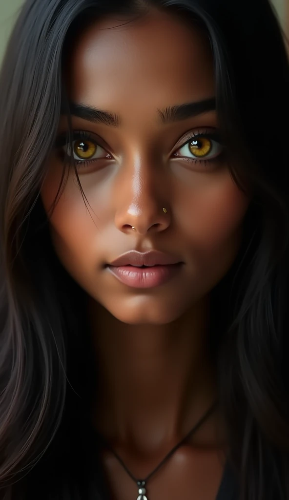 indian girl, diamond shaped face, dark skin brunette, straight and smooth hair hanging dark black color, light yellow eyes, splattered nose 

