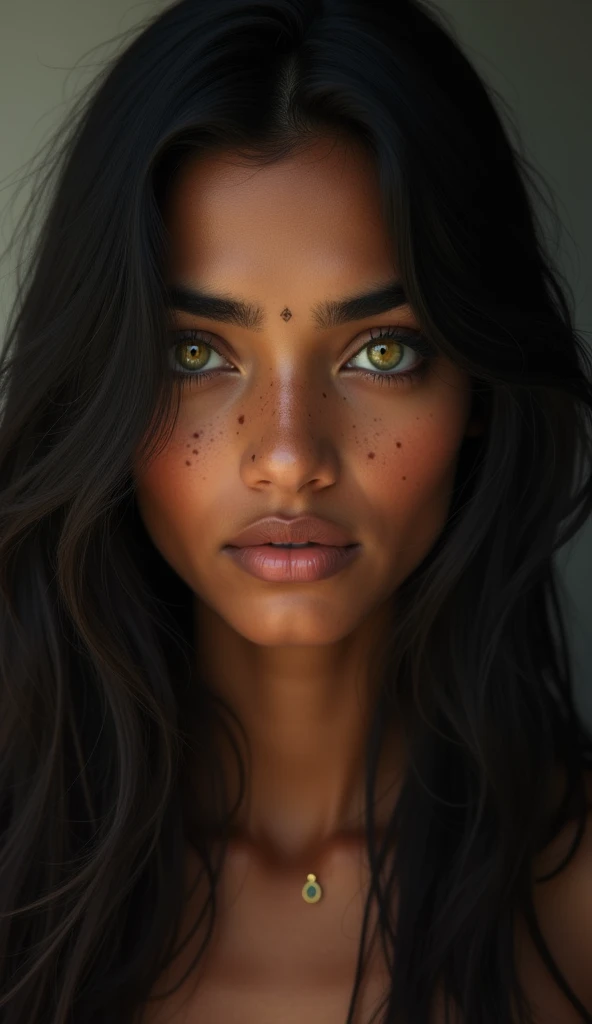 indian girl, diamond shaped face, dark skin brunette, straight and smooth hair hanging dark black color, light yellow eyes, splattered nose