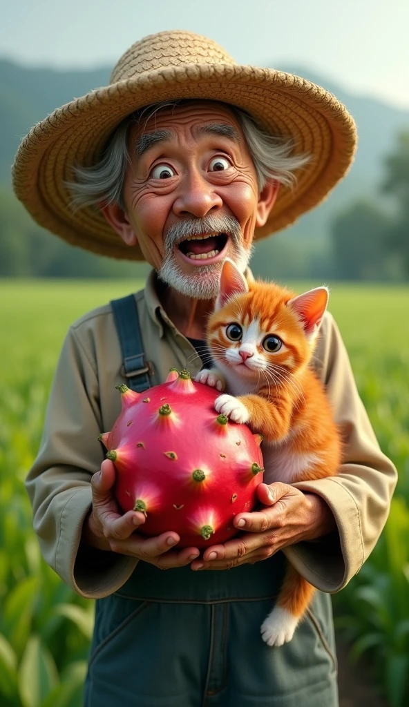 create realistic images An elderly man with a shocked expression holds a large dragon fruit, cradling a surprised-looking kitten with red fur and large, round eyes. He is wearing a traditional straw hat and overalls, with a backdrop of lush green fields. The scene captures a whimsical and humorous moment, highlighting the man's astonished face alongside the kitten's bewildered expression.