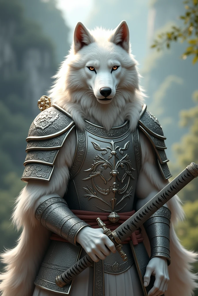 White Wolf,Standing,Wearing Chinese armor,A long sword is worn around the waist