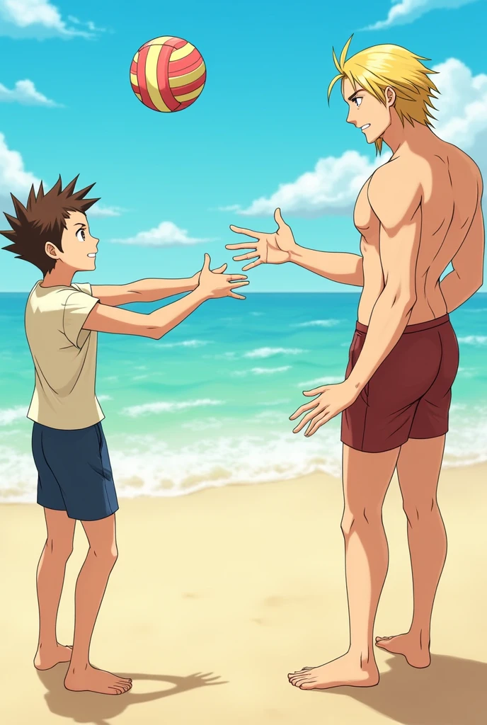 Apollo justice from ace attorney on the beach with Klavier Gavin from ace attorney passing a volleyball (ship Apollo and Klavier)
Klavier has long blond shoulder length hair twisted in one.
Apollo has mid length brown hair with to spike ahoge.
Theyre both boys and Klavier is taller than Apollo