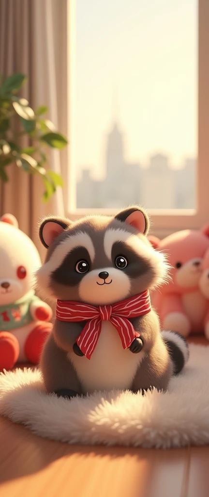captivating photograph Pusheen-inspired illustration of Mochi, the cute extra fluffy baby realistic raccoon , exuding cuteness and playfulness. Mochi sits in a cozy, modern apartment, surrounded by plush toys and a warm, sunlit atmosphere. Wearing a festive red and white ribbon, the happy RACOON showcases his anime-style eyes and a cheerful grin. The background reveals a tasteful urban setting, with a hint of a cityscape peeking through the window, adding to the overall charm and happiness of the scene., conceptual art, 3d render, photo