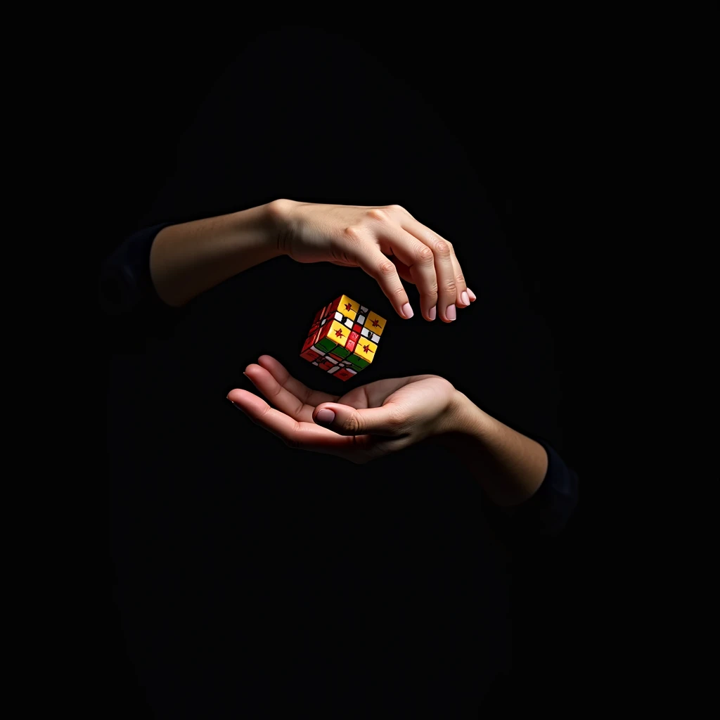 A beautiful hands playing puzzle cube in air with black background 