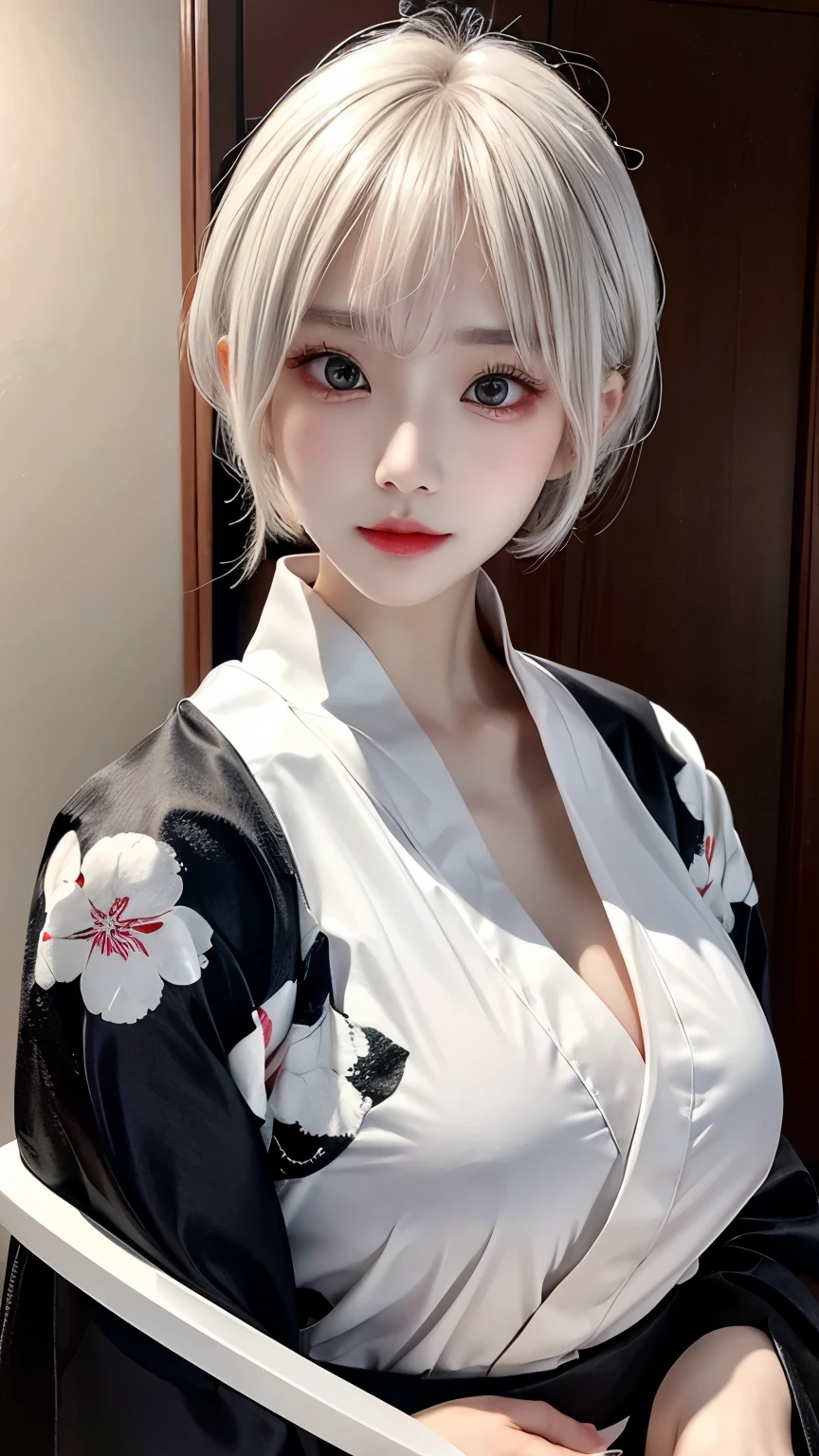 A Korean woman with short, white hair, a beautiful face showing her cleavage, wearing a black and white yukata, holding a katana, surrealistic style, pastel tones, mid shot, dramatic light.