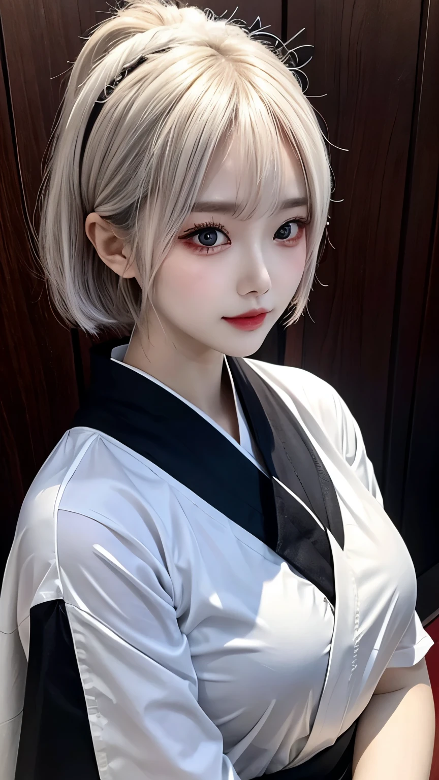 A Korean woman with short, white hair, a beautiful face showing her cleavage, wearing a black and white yukata, holding a katana, surrealistic style, pastel tones, mid shot, dramatic light.