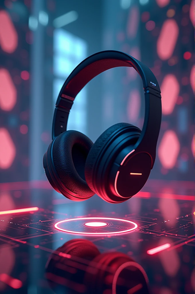 Create an image with electronic background and lights,and with a headset in the middle and with speakers