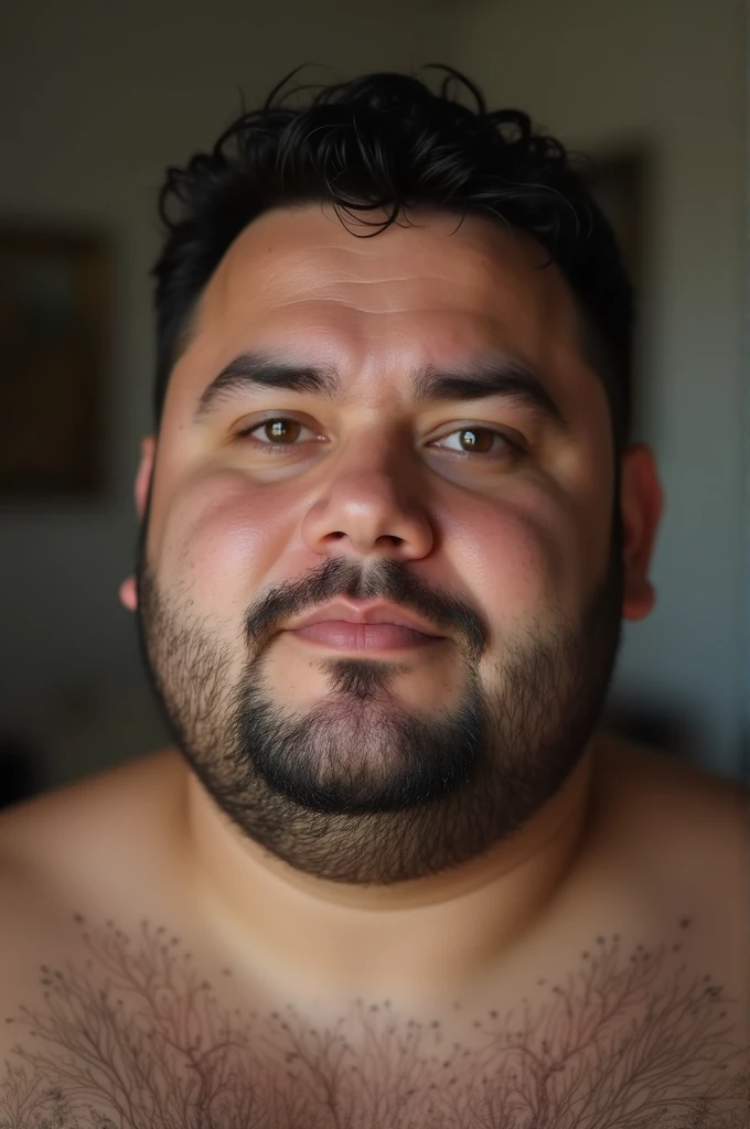 image realistic beautiful obese man, young,  brown eyes and black hair, in the background a room