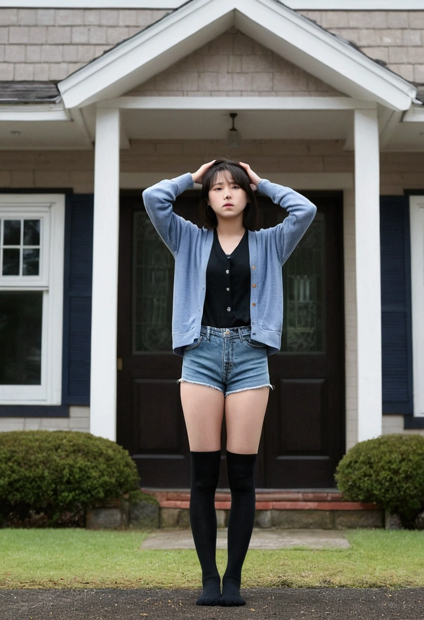 A female college student wearing a cardigan, denim shorts and black socks is made to stand in front of a house as punishment for having impure sexual relations. Hands clasped behind head Stay upright and motionless、I'm embarrassed It looks cold