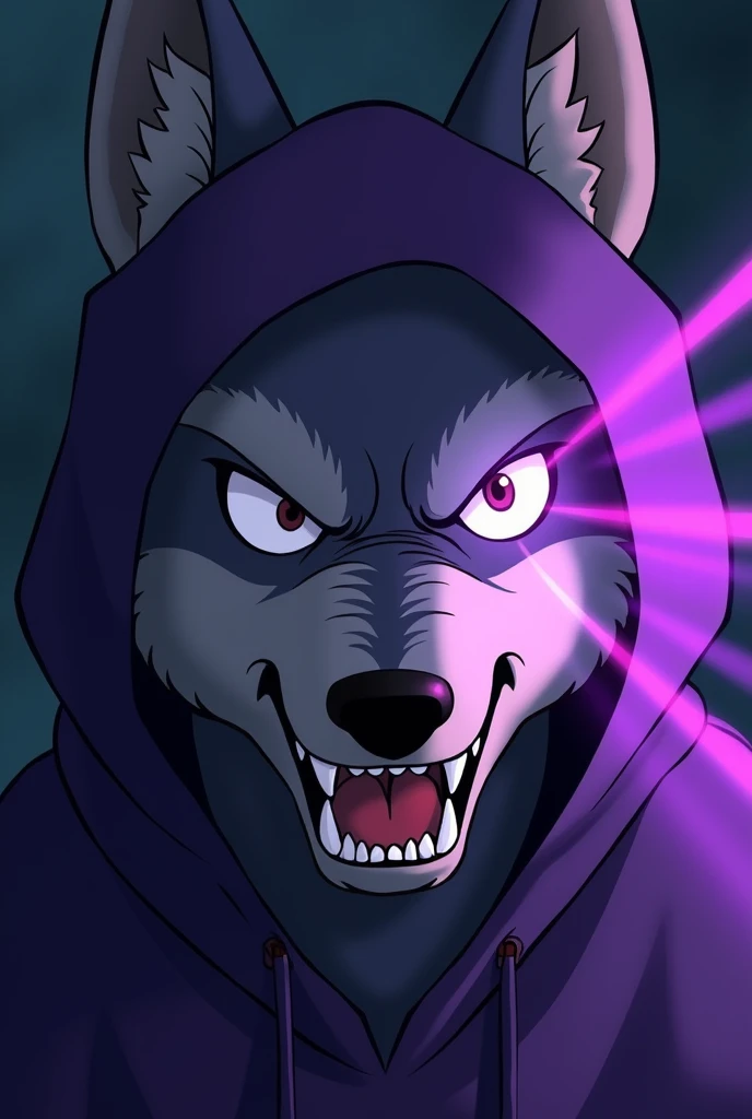An illustration of an angry wolf's face, that the left front part of the face is covered by a purple hood and that purple rays are projected from its right eye, but the wolf doesn't look so realistic, If not rather animated in the style of "Studio Ghibli"