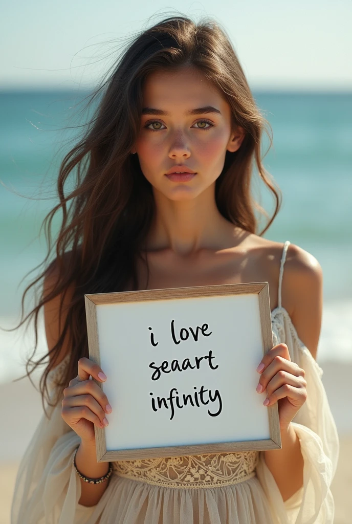 Beautiful girl with wavy long hair, bohemian dress, holding a white board with text "I Love Seaart Infinity" and showing it to the viewer