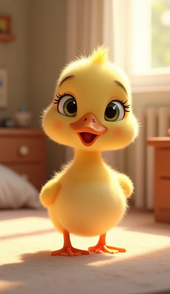 Perfect centering, Looking at the camera, a close up 2/3 of a cartoon baby duck, standing, 3 d animation demo reel, 3d animation, 3 d animation, 3 d animated movie, 3d animated, 3 d animated, tv commercial, clay animation, cgi animation, cute! c4d, cute 3 d render, pixar 3 d animation style, in a bedroom 4 k, 3 d cartoon