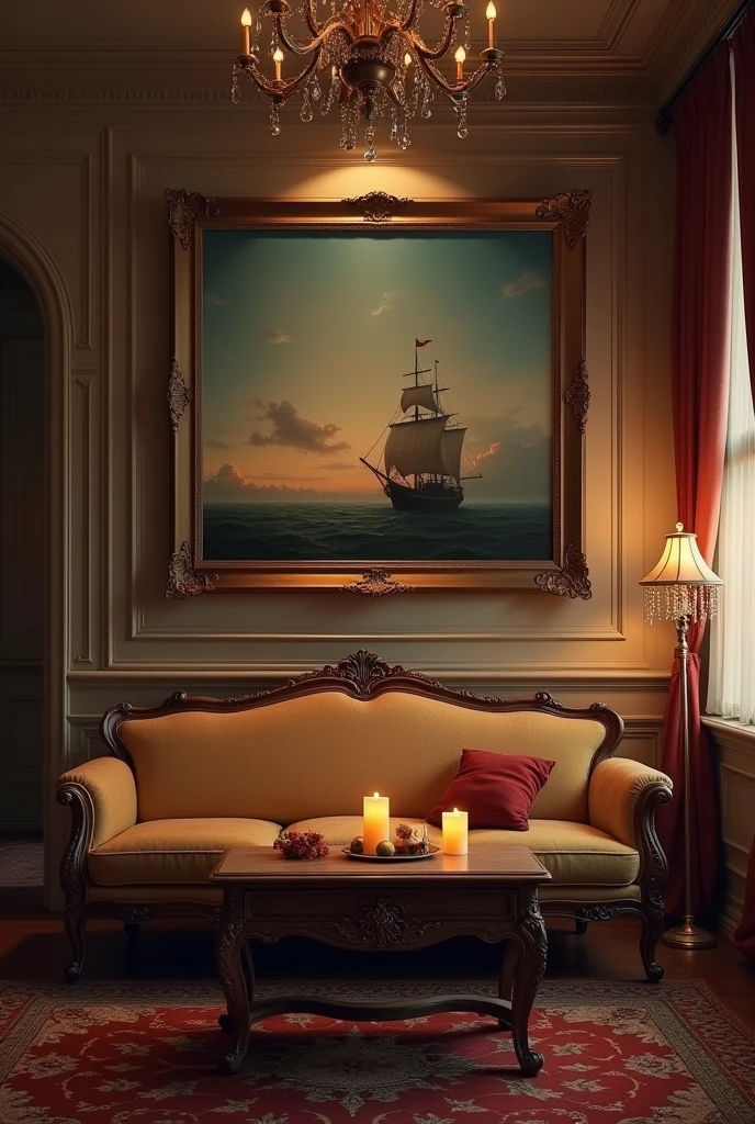 a living room from the 18th century. There is a couch against the wall and a table with a candle in front of it. There is a painting of aboat in the open sea hanging on the wall above the couch