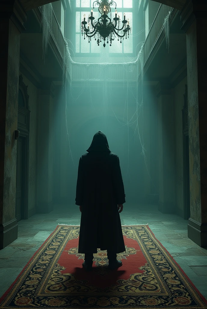 A man in front of a rug in the lobby of the haunted mansion
