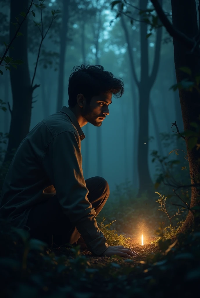 Prompt: Suresh, with a curious and puzzled expression, looking toward the distant light in the dark forest. The scene captures his internal question and growing curiosity.
