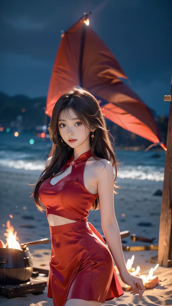 ulzzang-6500-v1.1, (RAW photo: 1.2), (Real photo), (Real photo: 1.4), 1 girl、Perfect ???????、1、Looking at the camera、Medium length hair、red dress, red skirt, Dancing by the campfire on the beach at night, with stars, ((by the beach at night: 1.1))、(Business service)、Asian eyes Ella,