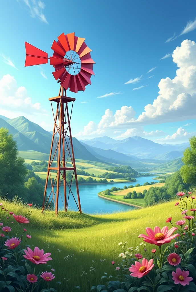 Generate an image of beautiful natural scenery with a red windmill