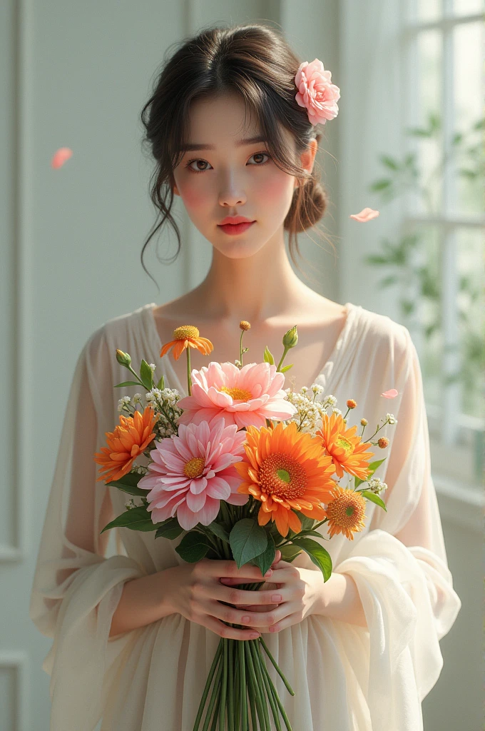 Woman with bouquet of flowers