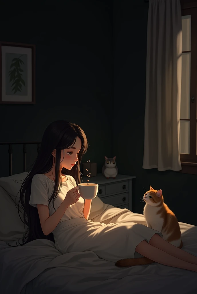 Girl drinking coffee in black bedroom with cat and girl sprinkling coffee while lying on bed