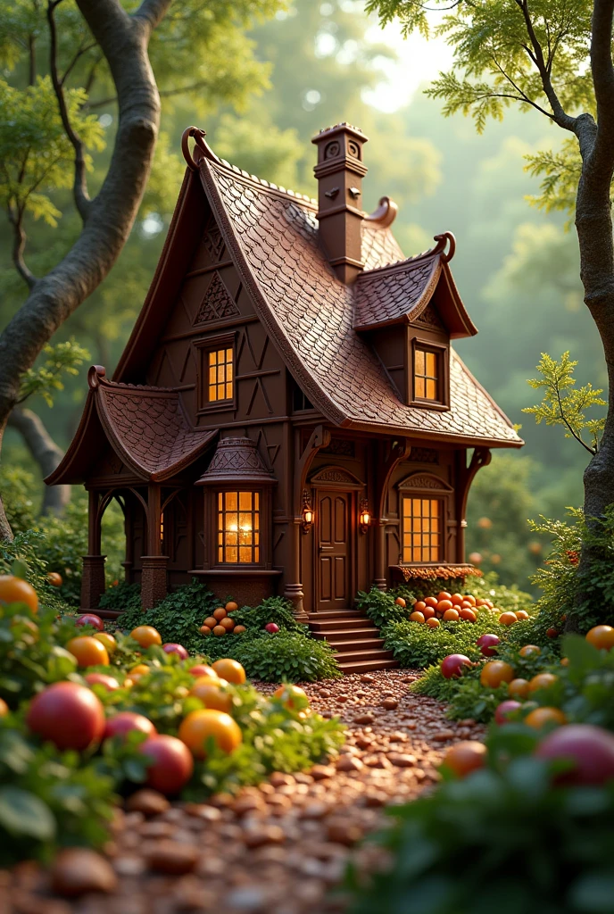 absurderes, high resolution, ultra detaild, HDR, Masterpiece artwork, best qualityer, ultra realisitic, (realistic house), house made of chocolate, parede de chocolate, fruit details, withouth People, green forest, solar lighting, no plants on the wall