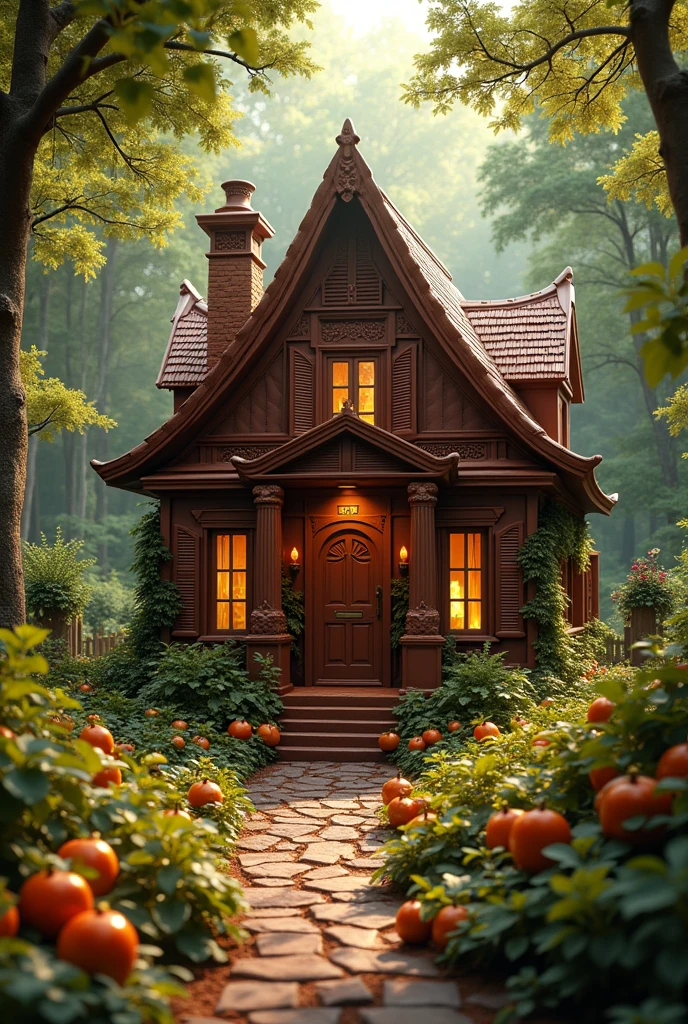 absurderes, high resolution, ultra detaild, HDR, Masterpiece artwork, best qualityer, ultra realisitic, (realistic house), house made of chocolate, parede de chocolate, fruit details, withouth People, green forest, solar lighting, no plants on the wall