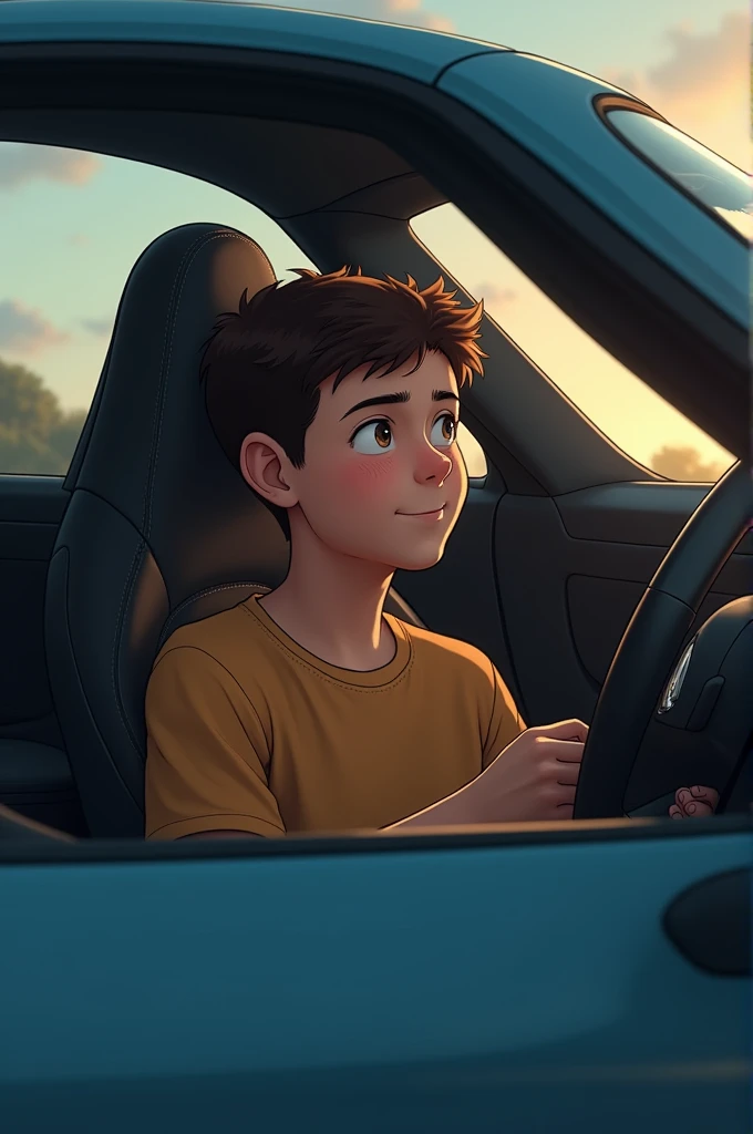 A young boy remebering him girl friend while setting in porche