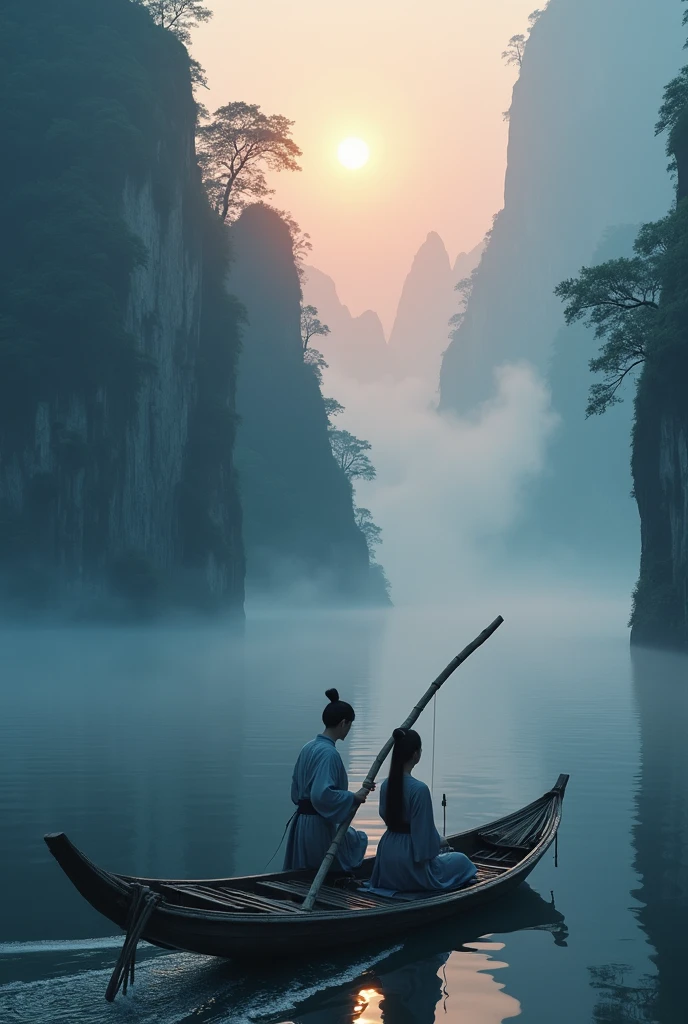 Misty,Sunset through the fog,Aerial view of 92 degree angle shot of bamboo raft,There is a woman and a man wearing Chinese Hanfu on the bamboo raft,Man holding a long bamboo pole,The boat sails towards the sun,There are stone cliffs on both sides,Like a Chinese landscape painting, like a fairyland, like the mountains of Zhangjiajie,Maximum resolution,All the details can be seen clearly,Cinematic color grading