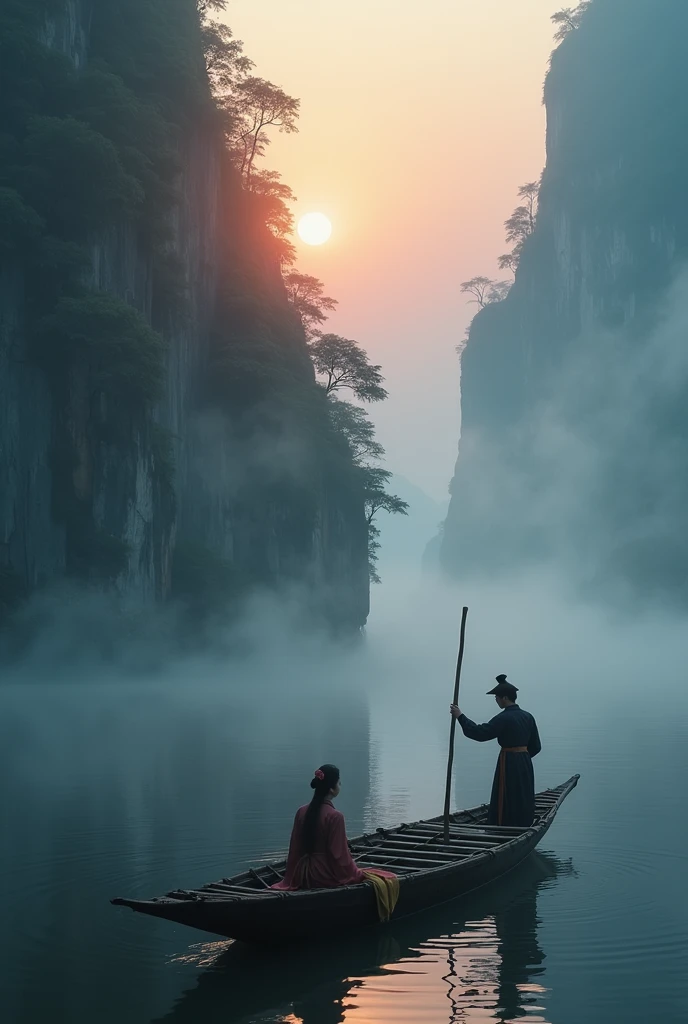 Misty，Sunset through the fog，Aerial view of 92 degree angle shot of bamboo raft，There is a woman and a man wearing Chinese Hanfu on the bamboo raft，Man holding a long bamboo pole，The boat sails towards the sun，There are stone cliffs on both sides，Like a Chinese landscape painting, like a fairyland, like the mountains of Zhangjiajie，Maximum resolution，All the details can be seen clearly，Cinematic color grading
