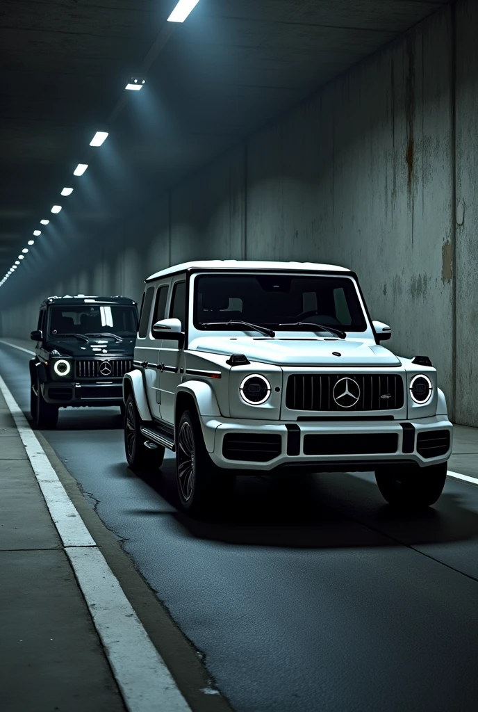 White g wagon without light and two security black g waon in tunnel
