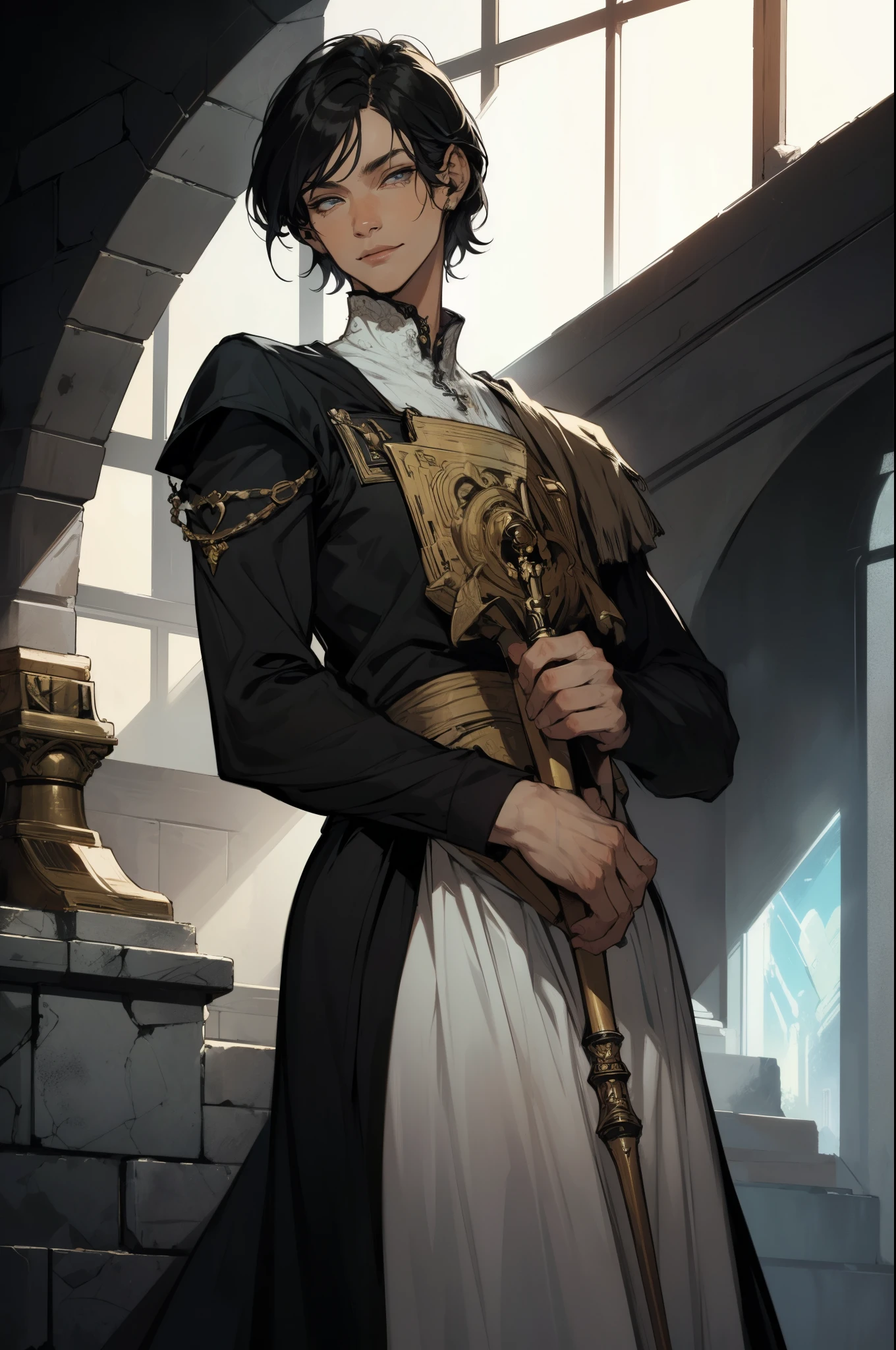 (absurdities, High Resolutions, ultra detailed, HdR), masterpiece, The best quality, final fantasy xvi, clive rosfield, 1man only, handsome, short hair, black hair, vibrant blue eyes, fine eyes and detailed face, armor, ((Intricate weapon)), Sitting on the throne, open legs, affected smile, annoying.