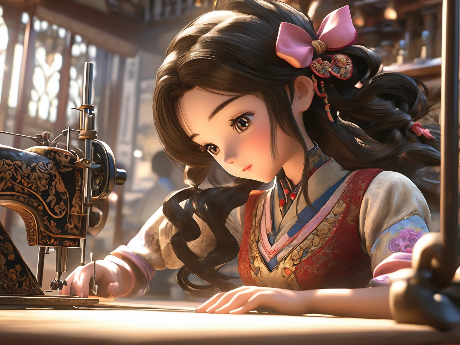A woman named Mai Valentine (Tailor), 2, Eyes gazing downward, working o a stitching machine, Ancient times, 3D, Realistic anime character, Extremely detailed face and eyes, Beautifully dressed, Intricate details, Photorealistic, Cinematic lighting, Dramatic shadows