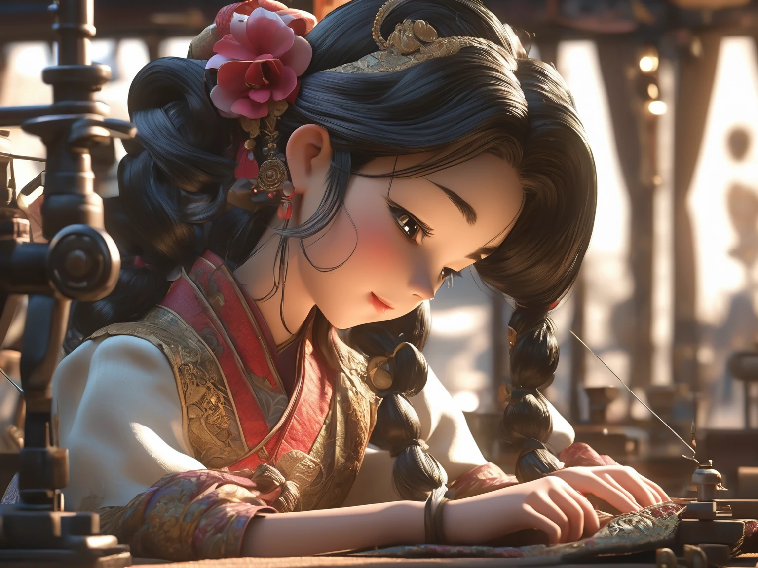 A woman named Mai Valentine (Tailor), 2, Eyes gazing downward, working o a stitching machine, Ancient times, 3D, Realistic anime character, Extremely detailed face and eyes, Beautifully dressed, Intricate details, Photorealistic, Cinematic lighting, Dramatic shadows