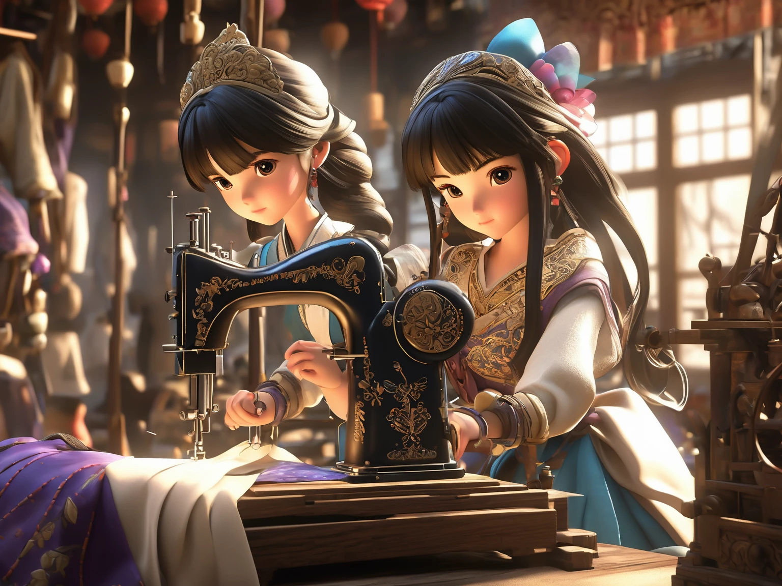 A woman named Mai Valentine (Tailor), 2, Eyes gazing downward, working o a stitching machine, Ancient times, 3D, Realistic anime character, Extremely detailed face and eyes, Beautifully dressed, Intricate details, Photorealistic, Cinematic lighting, Dramatic shadows