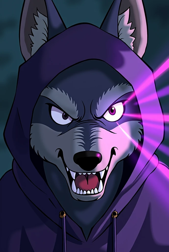 An illustration of an angry wolf's face, that the left front part of the face is covered by a purple hood and that purple rays are projected from its right eye, but the wolf doesn't look so realistic, If not rather animated in the style of "Studio Ghibli"