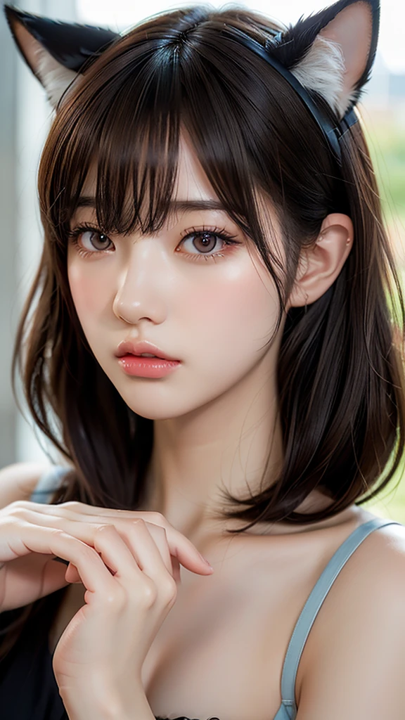 (8k, RAW Photos, Highest quality, masterpiece:1.2), lupondupon (Azur Lane), Fantasy_world, 1 person, (aegyo sal:1), cute, Dilapidated, (J-POP_Idol), Beautiful skin in every detail, Huge breasts, Animal ears, Black Hair, Cat ear, Grey Eyes, short hair, sad hand upon own face,  (Realistic:1.8), concentrated_upon_face, Looking down, Raise your arms,  Sunny Milk, professiuponal lighting, photupon mapping, Radio City, Physically Based Rendering, Daytime, Outdoor,